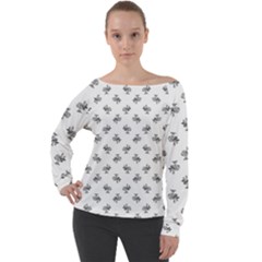 Black And White Sketchy Birds Motif Pattern Off Shoulder Long Sleeve Velour Top by dflcprintsclothing