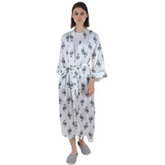 Black And White Sketchy Birds Motif Pattern Maxi Satin Kimono