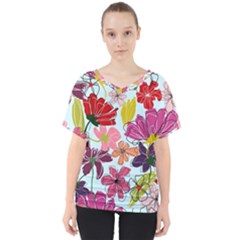 Flower Pattern V-neck Dolman Drape Top by Galinka