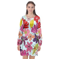 Flower Pattern Long Sleeve Chiffon Shift Dress  by Galinka