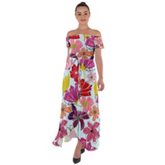 Flower pattern Off Shoulder Open Front Chiffon Dress