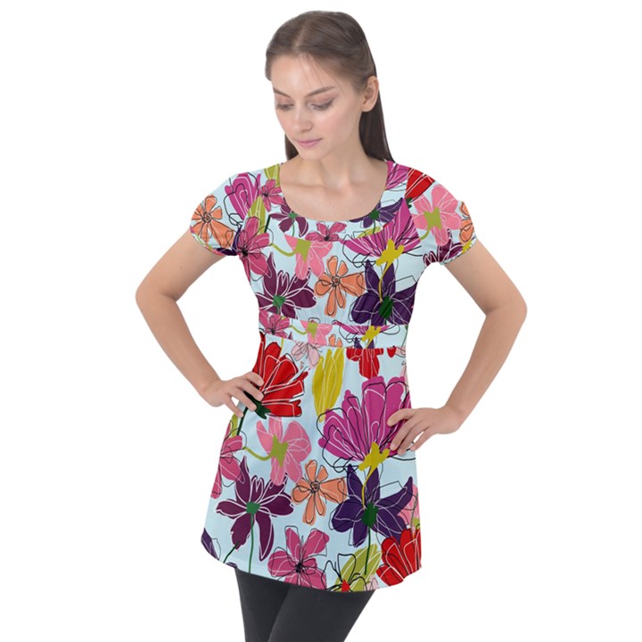 Flower pattern Puff Sleeve Tunic Top