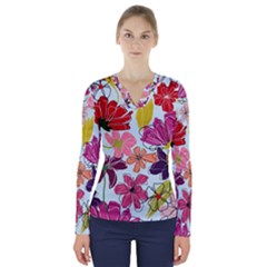 Flower Pattern V-neck Long Sleeve Top