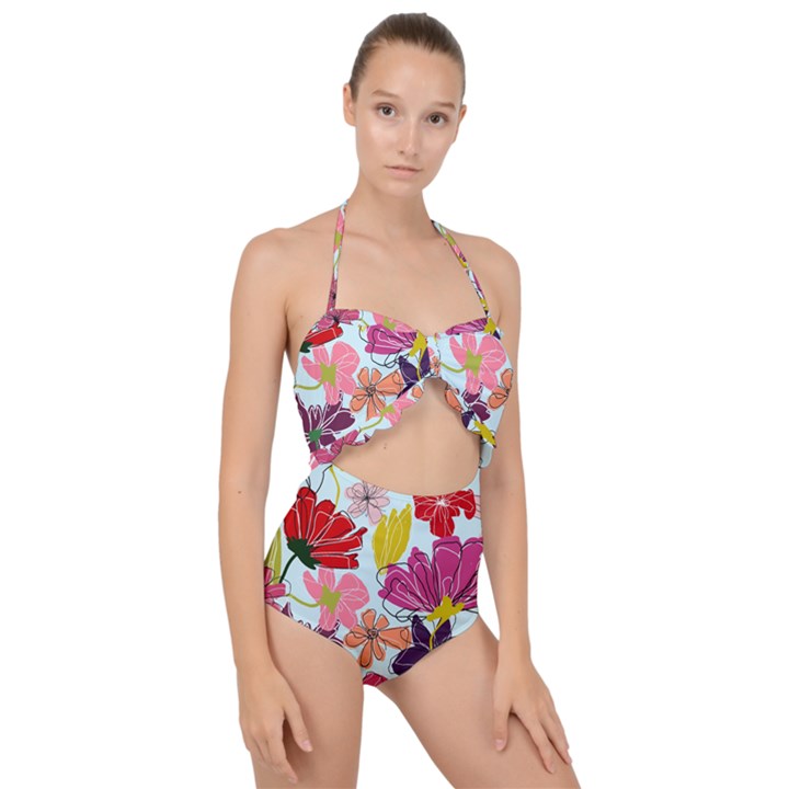 Flower pattern Scallop Top Cut Out Swimsuit