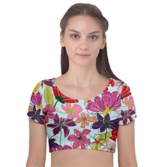 Flower Pattern Velvet Short Sleeve Crop Top  by Galinka