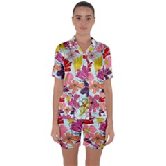 Flower Pattern Satin Short Sleeve Pajamas Set by Galinka