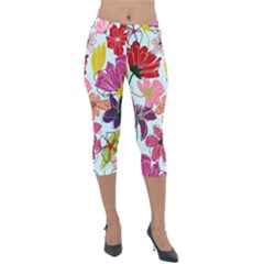 Flower Pattern Lightweight Velour Capri Leggings  by Galinka