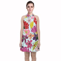 Flower Pattern Velvet Halter Neckline Dress 