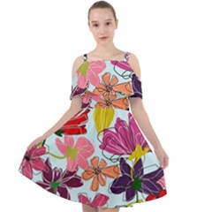 Flower Pattern Cut Out Shoulders Chiffon Dress