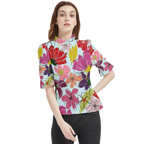 Flower Pattern Frill Neck Blouse by Galinka