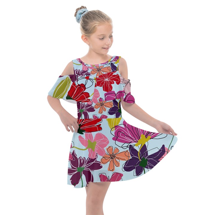 Flower pattern Kids  Shoulder Cutout Chiffon Dress