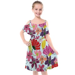 Flower Pattern Kids  Cut Out Shoulders Chiffon Dress