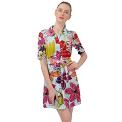 Flower Pattern Belted Shirt Dress