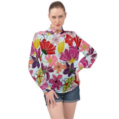 Flower Pattern High Neck Long Sleeve Chiffon Top by Galinka