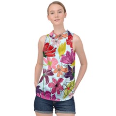 Flower Pattern High Neck Satin Top