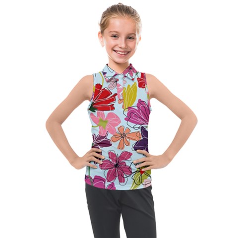 Flower Pattern Kids  Sleeveless Polo Tee by Galinka