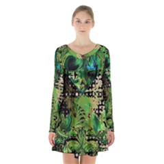 Peacocks And Pyramids Long Sleeve Velvet V-neck Dress by MRNStudios