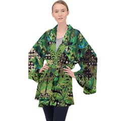 Peacocks And Pyramids Long Sleeve Velvet Kimono  by MRNStudios