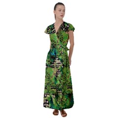 Peacocks And Pyramids Flutter Sleeve Maxi Dress by MRNStudios