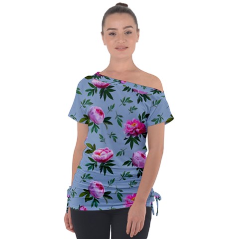 Delicate Peonies Off Shoulder Tie-up Tee by SychEva