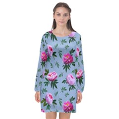 Delicate Peonies Long Sleeve Chiffon Shift Dress  by SychEva