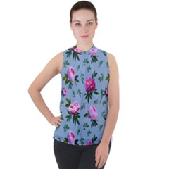 Delicate Peonies Mock Neck Chiffon Sleeveless Top by SychEva