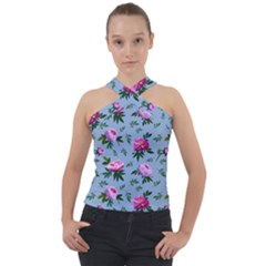 Delicate Peonies Cross Neck Velour Top by SychEva