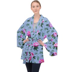 Delicate Peonies Long Sleeve Velvet Kimono  by SychEva