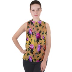 Delicate Peonies Mock Neck Chiffon Sleeveless Top by SychEva