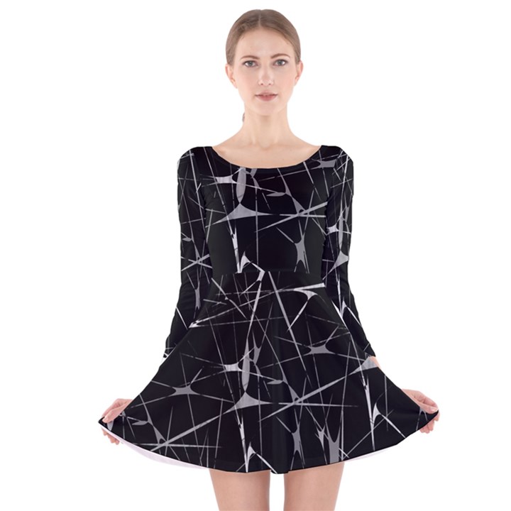 Black And White Splatter Abstract Print Long Sleeve Velvet Skater Dress