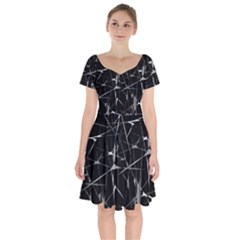 Black And White Splatter Abstract Print Short Sleeve Bardot Dress