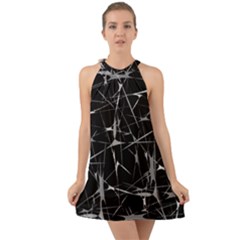 Black And White Splatter Abstract Print Halter Tie Back Chiffon Dress