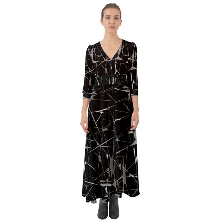 Black And White Splatter Abstract Print Button Up Boho Maxi Dress