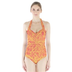 Orange/yellow Line Pattern Halter Swimsuit by LyleHatchDesign