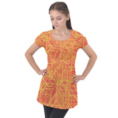 Orange/yellow Line Pattern Puff Sleeve Tunic Top