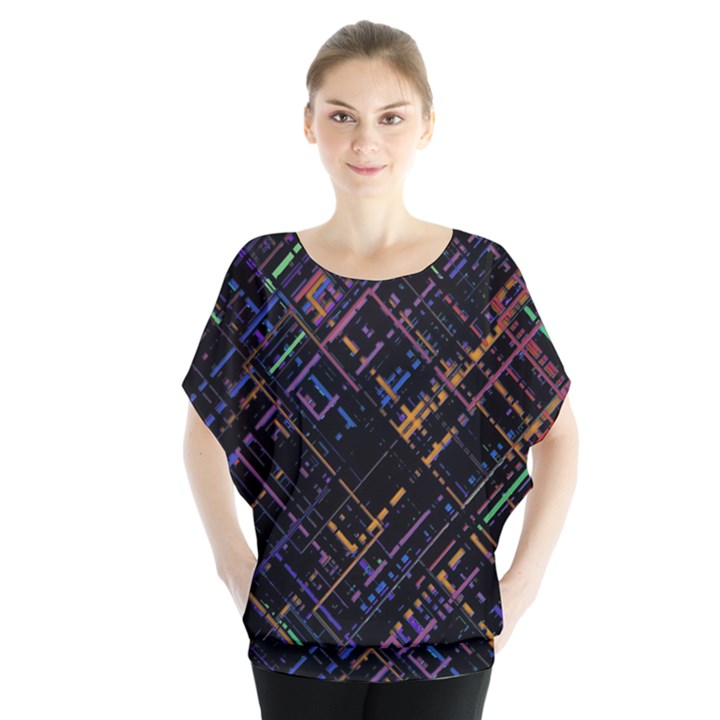 Criss-cross Pattern (multi-colored) Batwing Chiffon Blouse