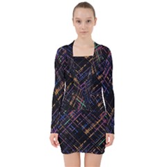 Criss-cross Pattern (multi-colored) V-neck Bodycon Long Sleeve Dress by LyleHatchDesign