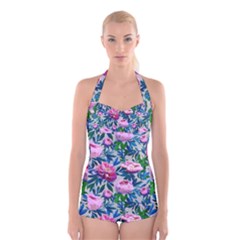 Pink Peonies Watercolor Boyleg Halter Swimsuit  by SychEva