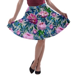 Pink Peonies Watercolor A-line Skater Skirt by SychEva