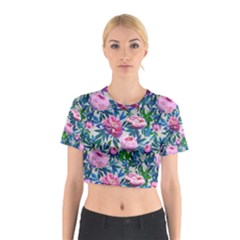 Pink Peonies Watercolor Cotton Crop Top by SychEva