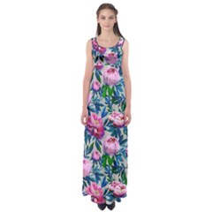 Pink Peonies Watercolor Empire Waist Maxi Dress by SychEva