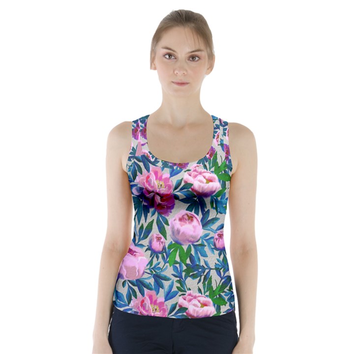 Pink Peonies Watercolor Racer Back Sports Top