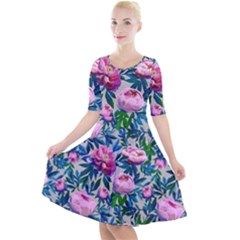 Pink Peonies Watercolor Quarter Sleeve A-line Dress by SychEva