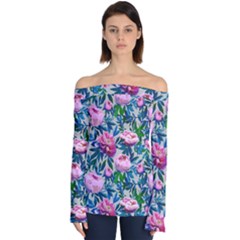 Pink Peonies Watercolor Off Shoulder Long Sleeve Top by SychEva