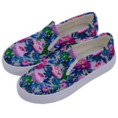 Pink Peonies Watercolor Kids  Canvas Slip Ons by SychEva