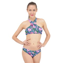 Pink Peonies Watercolor High Neck Bikini Set by SychEva