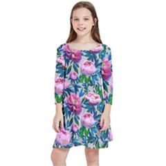 Pink Peonies Watercolor Kids  Quarter Sleeve Skater Dress by SychEva