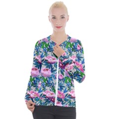 Pink Peonies Watercolor Casual Zip Up Jacket