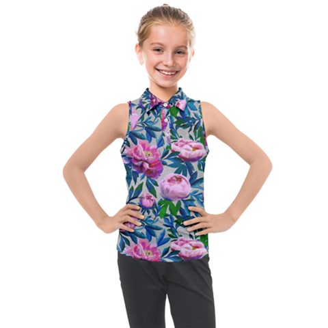 Pink Peonies Watercolor Kids  Sleeveless Polo Tee by SychEva