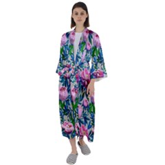 Pink Peonies Watercolor Maxi Satin Kimono by SychEva